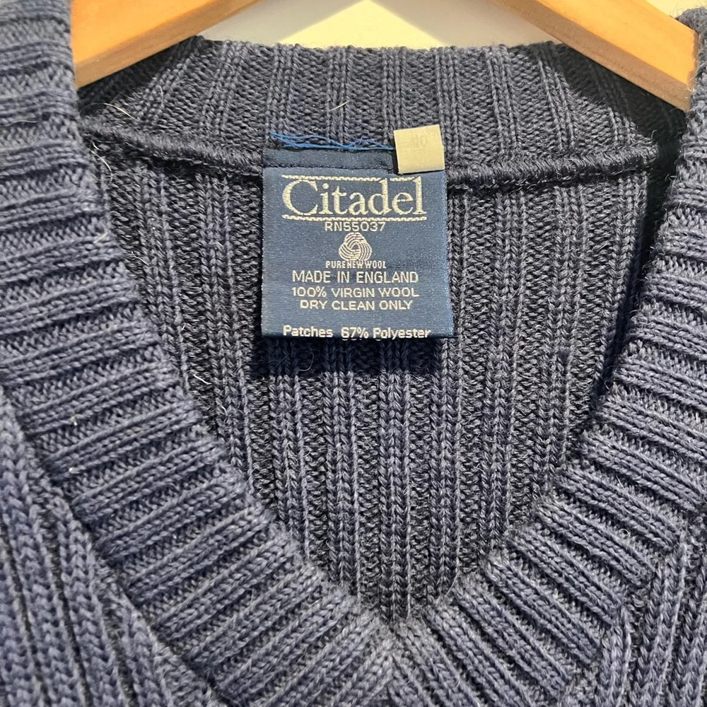 Citadel Sweater Mens 40 Blue Virgin Wool V-Neck Elbow Patch Ribbed Knit Military